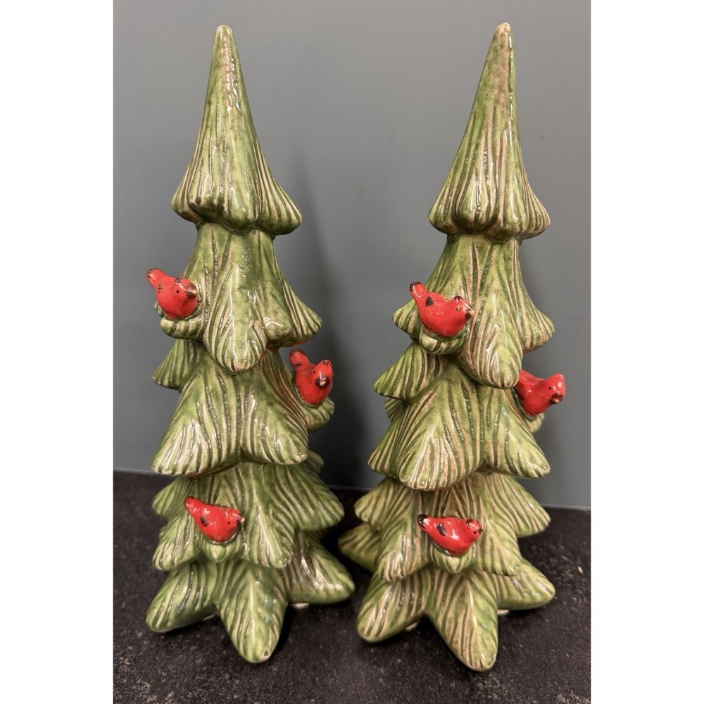 Vintage Ceramic Christmas Tree Pair 12" Tabletop Evergreen Red Cardinal Birds